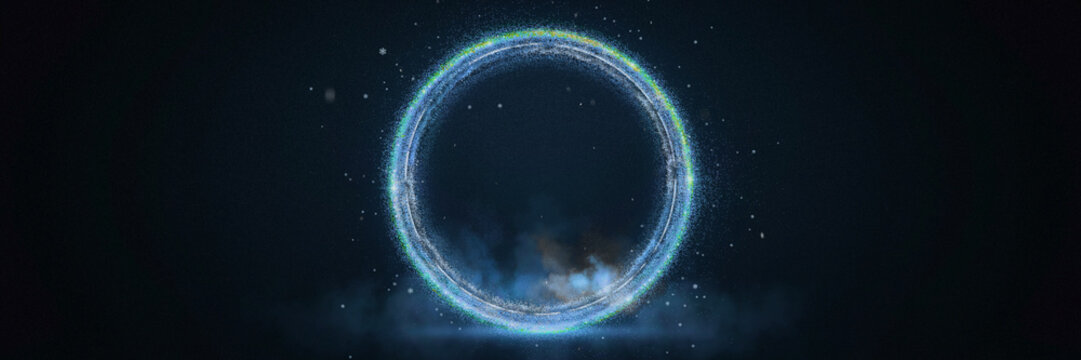 Glowing icy blue neon particle ring with silver inner lines on dark navy background, luminous circular frame with cold blue mist, tiny snowflakes and falling snow, magical winter banner with copy spac