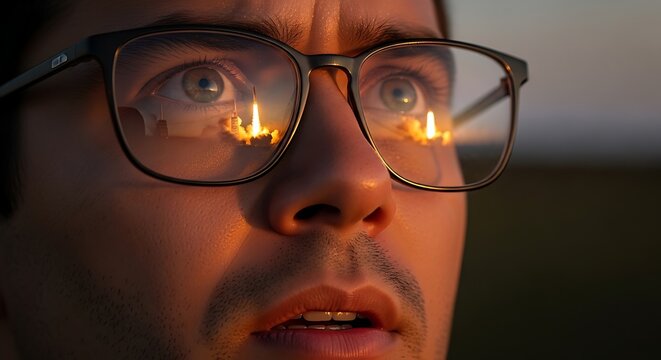 Man Wearing Glasses Reflecting Rocket Launch into Space