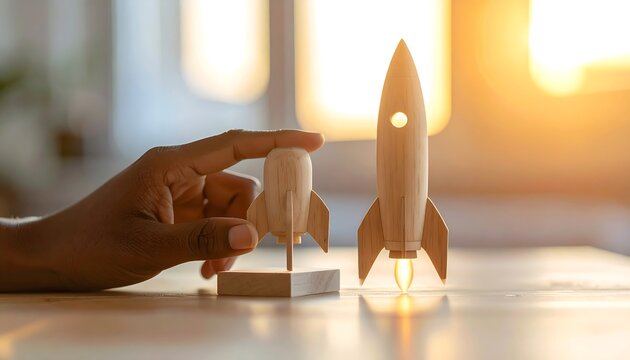 Hand holding small wooden rocket next to large rocket symbolizing startup growth and innovation