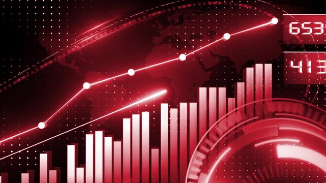 Animated red color advanced data analysis algorithms dashboard close-up shot of rising graph stock market 3D background