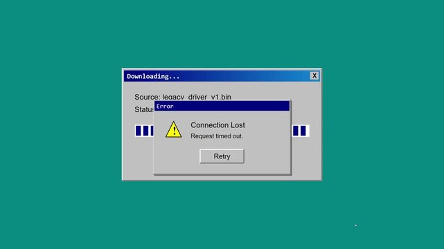 Retro computer downloading progress windows failing with error popups