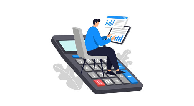 Businessman Sitting on Giant Calculator Analyzing Financial Data and Charts, Flat Vector Illustration for Accounting and Budget Management Concept