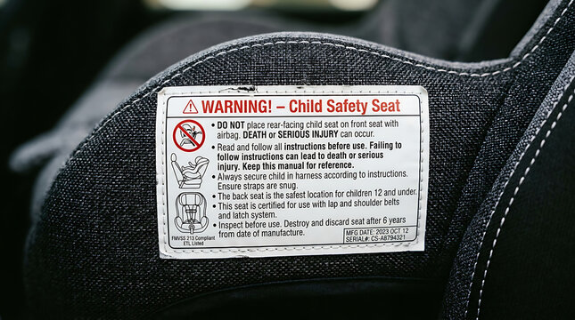 Child safety seat warning label stitched onto grey fabric upholstery