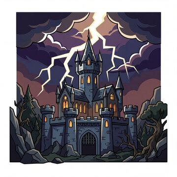 Gothic Stone Castle Cartoon Illustration with Lightning Strike