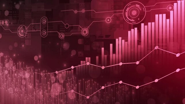 Animated red bar chart with growing business data analysis algorithms dashboard display black hi-tech technology graph background