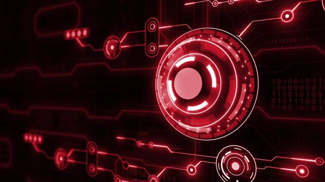Animation red color glowing mother board processing data binary code HUD UI futuristic design loopable technology 3D background