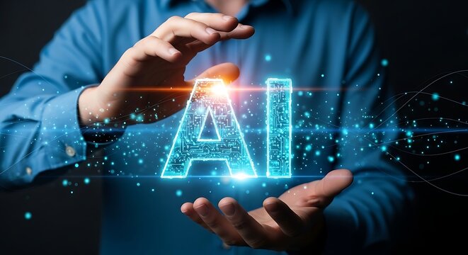 Hands presenting a glowing artificial intelligence text with vibrant light streaks