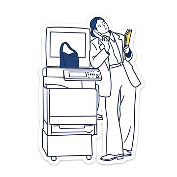 Business professional talking on phone while standing next to copy machine in office environment waiting for documents to finish printing for important corporate meeting and daily task management