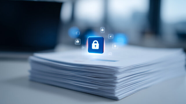 A stack of documents protected by digital lock icons represents document security data privacy access control and confidential information management.
