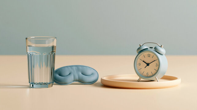 Hangover recovery morning with water, sleep mask, and alarm clock symbolizing rest and wellness