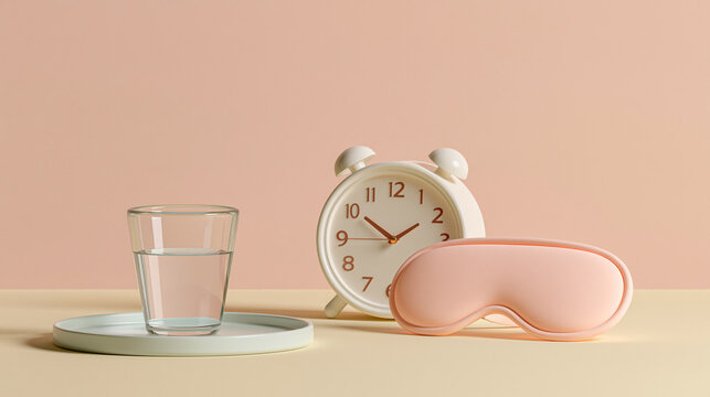Morning routine with glass of water, alarm clock, and sleep mask promoting health and wellness