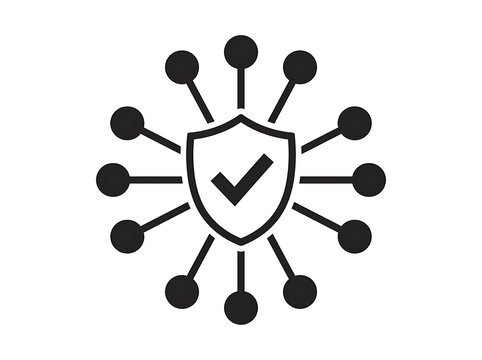Black and white vector icon of a security shield surrounded by connected nodes