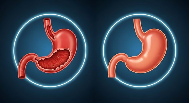 Human stomach anatomy set illustrating internal cross section and external organ view