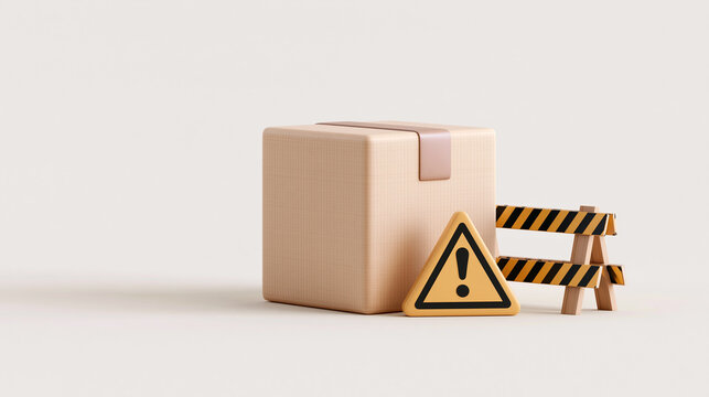Package with warning sign and barrier indicating shipping issues, delivery error, or product safety alert