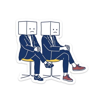 Two depressed businessmen wearing cardboard boxes on their heads sit together on chairs feeling sadness and anxiety regarding their corporate future while they wait for a meeting to finally