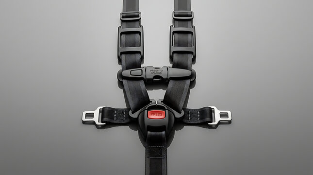 Five-point safety harness straps with buckle mechanism on a neutral background