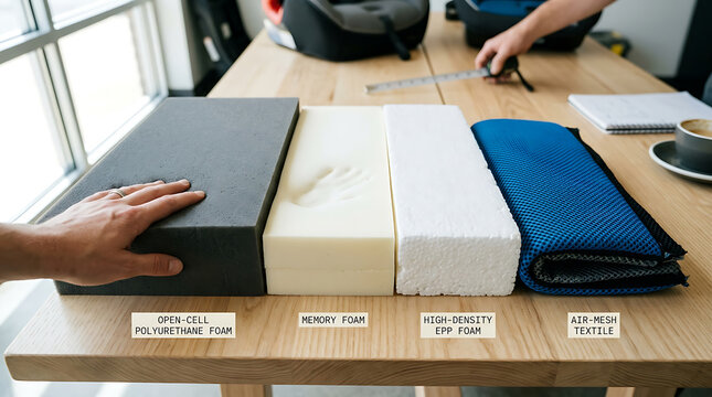 Four different material samples including open-cell polyurethane, memory foam, EPP, and air-mesh fabric displayed on a wooden table
