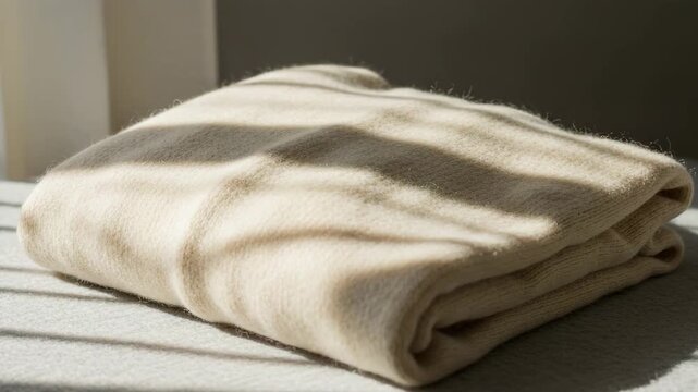 Soft beige blanket folded on a table with natural sunlight shadows  