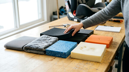 Fototapeta premium Person examining foam cushioning materials on a workshop table