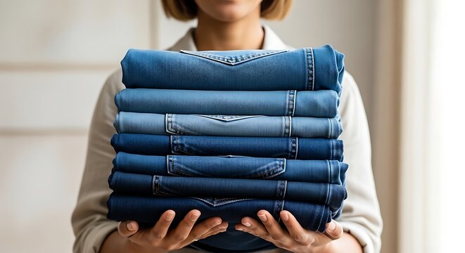 Person holding a neatly folded stack of various blue denim jeans