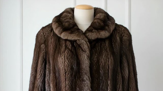 Brown fur coat displayed on a mannequin with elegant collar  