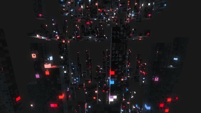 Dark blocky skyscrapers, architectural structures, and geometric tunnels light up with glowing red, pink, and cyan neon LED panels.