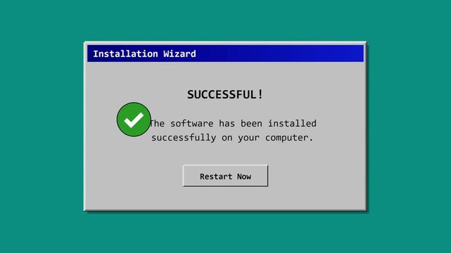 Retro computer installation wizard windows on a teal background