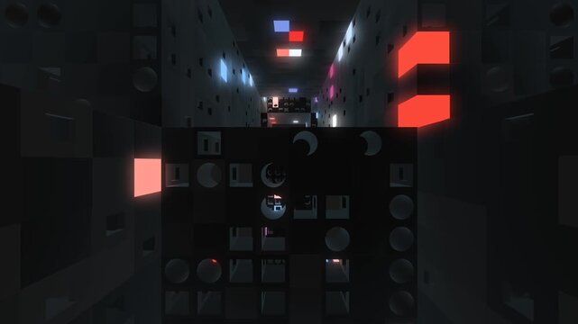 Dark blocky skyscrapers, architectural structures, and geometric tunnels light up with glowing red, pink, and cyan neon LED panels.