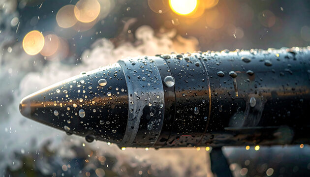 Close up of a dark missile warhead covered in water droplets with steam rising in the background