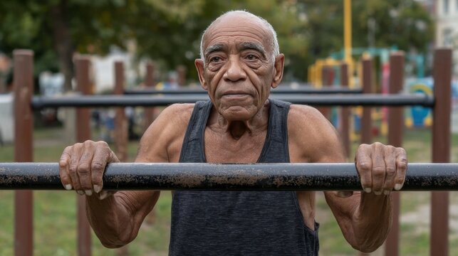 Senior man working out on parallel bars outdoors