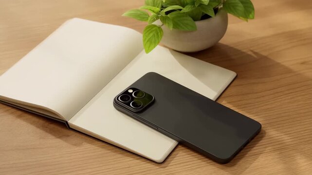 60 FPS close up black smartphone on open blank notebook beside potted plant in warm sunlight