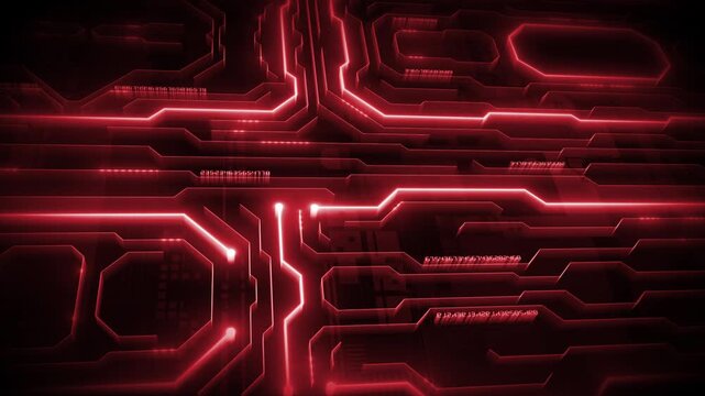 Animated red color glowing circuit board microchip with binary code futuristic matrix data network hi tech design black technology 3D background