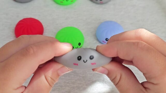 Children hands stretching and pulling grey kawaii dumpling squishy toy, 4K slow motion close up shot