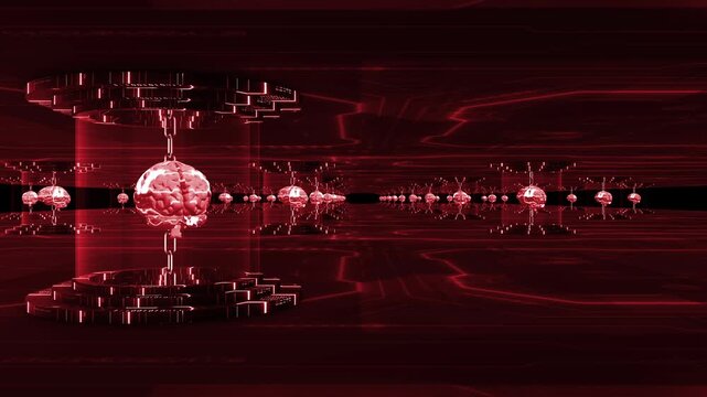 Animated red color 3d brain interlinked of ai simulation of human intelligence futuritstic circuit board processing global humans data hi tech design black technology 3D background