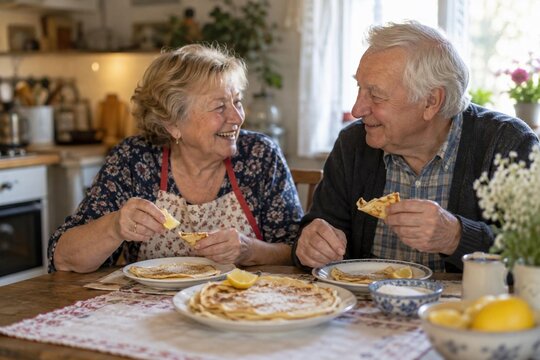 Happy senior couple eating pancakes with lemon, sugar at kitchen table at home, elderly woman, man laughing together