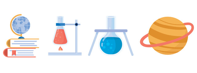 Science Education Icons Globe Books Laboratory Flask Flame Round Flask and Saturn Vector Set © Ayyamkhattak