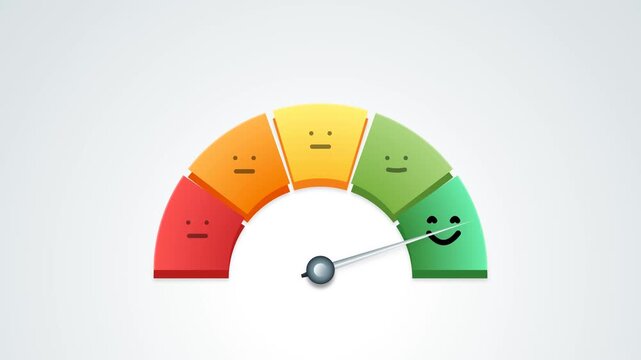 3D motion graphic of a customer experience gauge. Features vibrant gradient 3D segments, a metallic needle, and embedded dynamic minimalist facial expressions on a clean bright background.