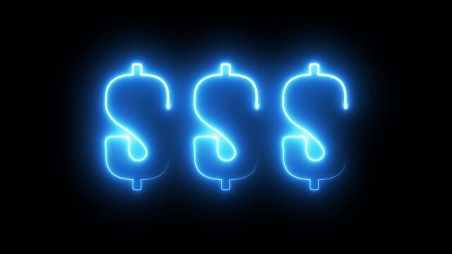 A looping аnimation of a beautiful, glowing, iridescent neon (LED neon) sign featuring dollar signs against a black background. An animated, decorative neon advertising sign with dollar signs.
