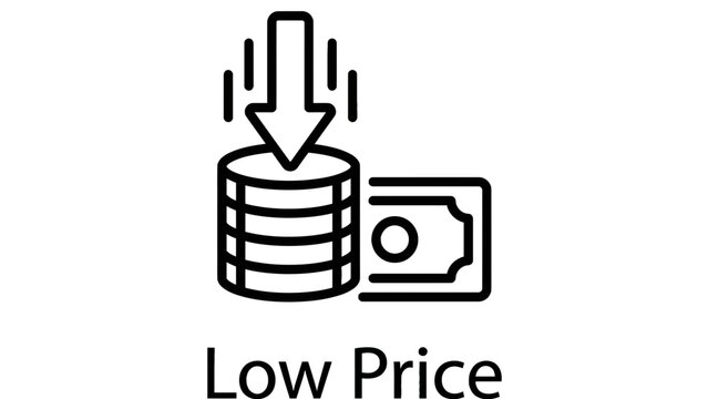 Minimalist black outline icon showing decreasing financial cost with downward arrow and coins for business concepts
