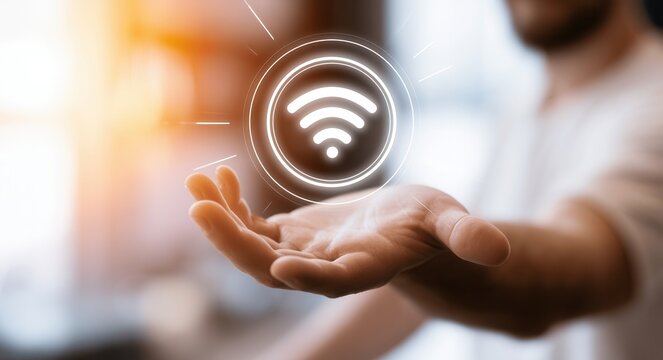 Hand holding a symbol of wireless internet connection in a modern indoor setting
