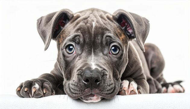 Cute pit bull puppy looking forward on white background
