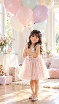 Smiling little asian girl in sparkly pink dress holding bunch of pastel balloons at bright birthday party room