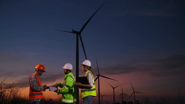 Engineer wearing uniform ,helmet inspection and survey work in wind turbine farms rotation to generate electricity energy. Green ecological power energy generation wind sustainable energy concept.	