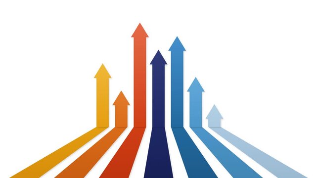 Seamless loop of seven 3D colorful arrows emerging from a front edge, sliding forward into deep perspective, and folding upwards on a clean white wall. Highest arrow moves first