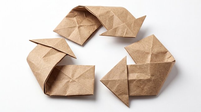 Universal recycling symbol artistically crafted from folded brown craft paper on a clean white background, representing eco-friendly concepts, sustainability, waste reduction, and conservation.