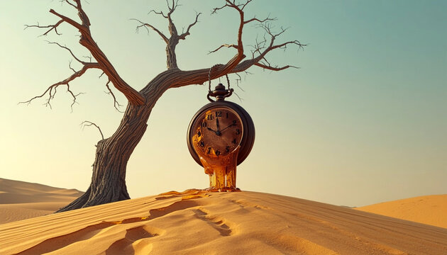 Surreal Melting Pocket Watch on a Dead Tree in a Vast Desert Landscape