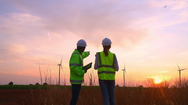 Engineer wearing uniform ,helmet inspection and survey work in wind turbine farms rotation to generate electricity energy. Green ecological power energy generation wind sustainable energy concept.	