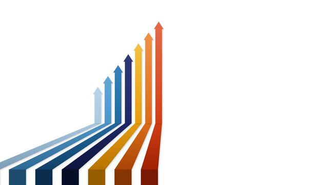 4K seamless loop of seven 3D colorful arrows emerging from the front left edge, sliding deep into perspective, and folding upwards. Positioned on the left to provide perfect clean white negative space