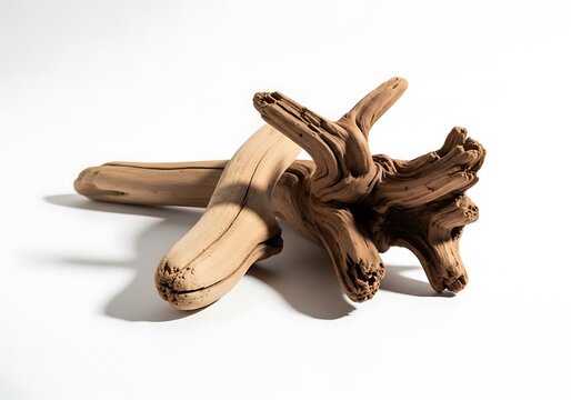 Natural weathered driftwood pieces arranged together on a clean white surface