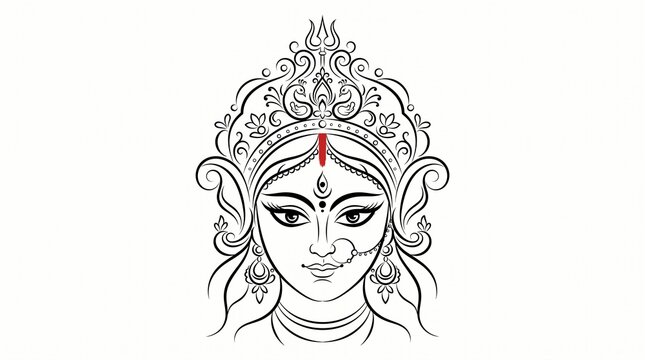 Indian Goddess Durga face line art with ornate crown and jewelry Hindu deity